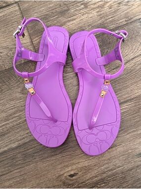 Coach Purple Piccadilly Jelly T-Strap Sandals with Logo Accents